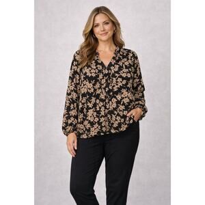 Lands End Floral Blouse 3X Black Tan Ruffle Plus Size Workwear Flowy